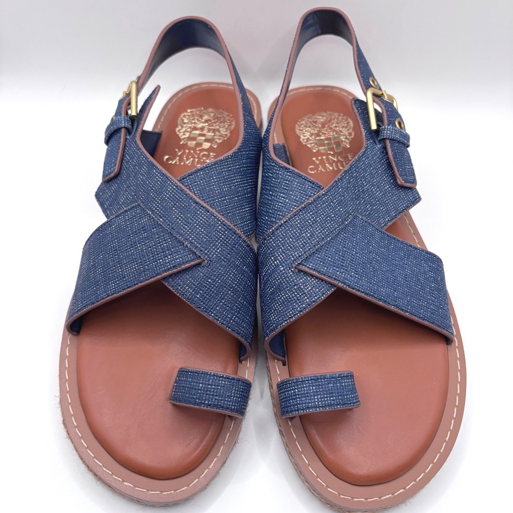 Vince Camuto Women's Ciela Flat Sandal Leather Sole Buckle Blue Sz 7 LIKE NEW